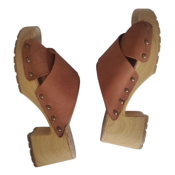 KORK-EASE Tatum Cognac Leather Slide On Faux Wood Platform Heel Sandal Women's 9 - Picture 6 of 12